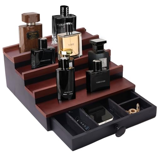 Fengligoo Cologne Organizer for Men - 4 Tier Walnut Black Wooden Cologne Display Stand with Drawer and Hidden Compartment, Mens Cologne Holder Shelf for Organizing and Storing, Walnut Black - Image 5