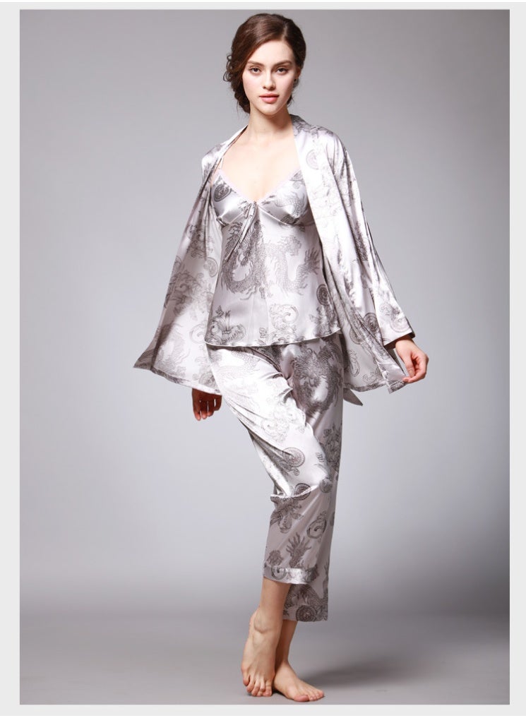 Women's Silk Satin Pajamas Set 3 Pcs Floral Silky Pj Sets Sleepwear Cami Nightwear with Robe and Pant - Image 4