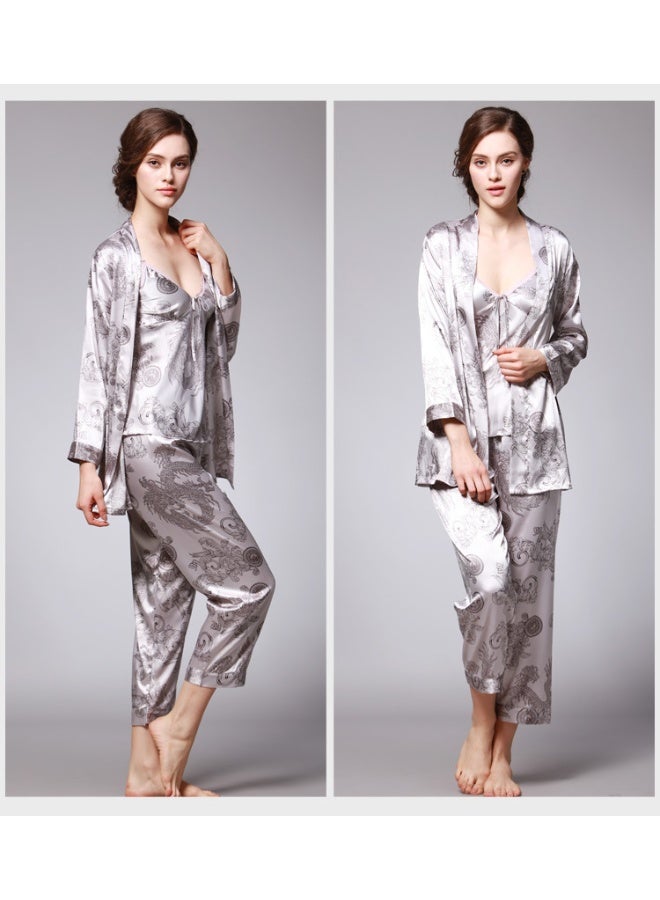 Women's Silk Satin Pajamas Set 3 Pcs Floral Silky Pj Sets Sleepwear Cami Nightwear with Robe and Pant - Image 5