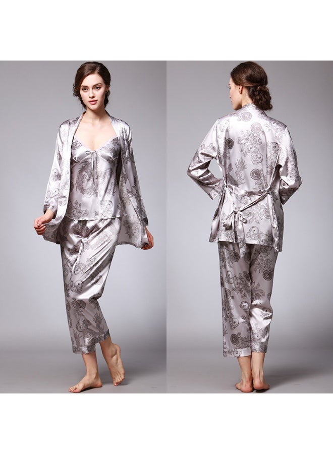 Women's Silk Satin Pajamas Set 3 Pcs Floral Silky Pj Sets Sleepwear Cami Nightwear with Robe and Pant - Image 1