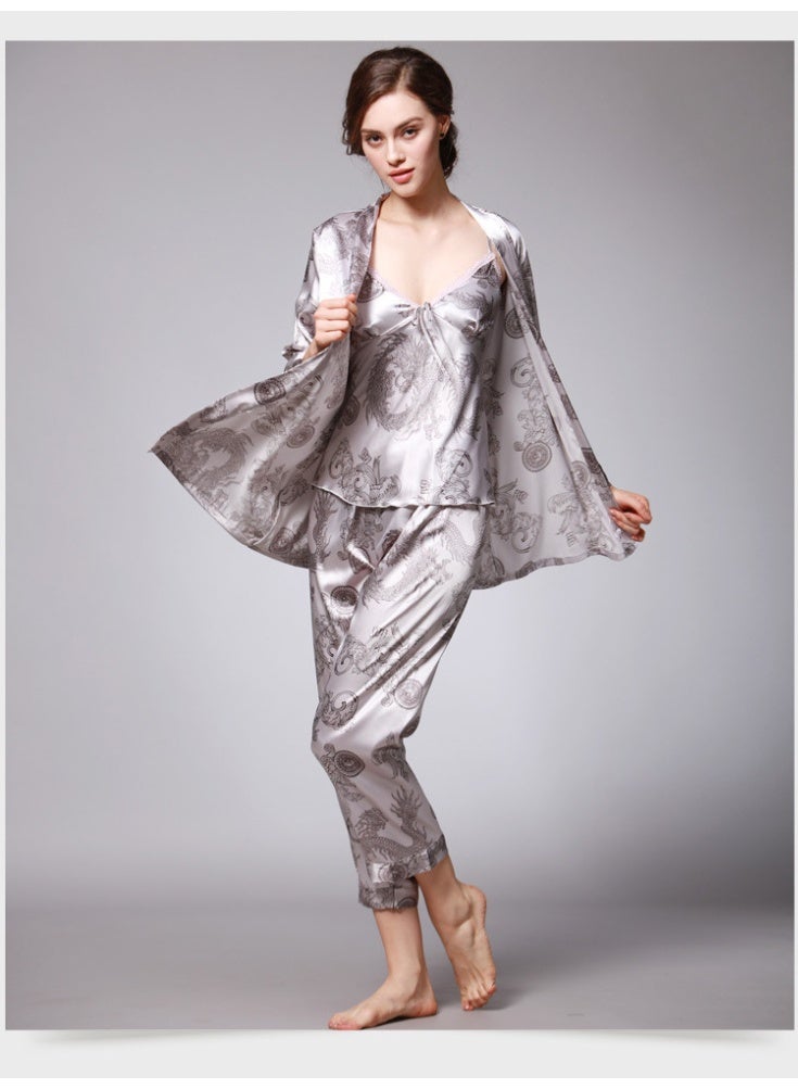 Women's Silk Satin Pajamas Set 3 Pcs Floral Silky Pj Sets Sleepwear Cami Nightwear with Robe and Pant - Image 2