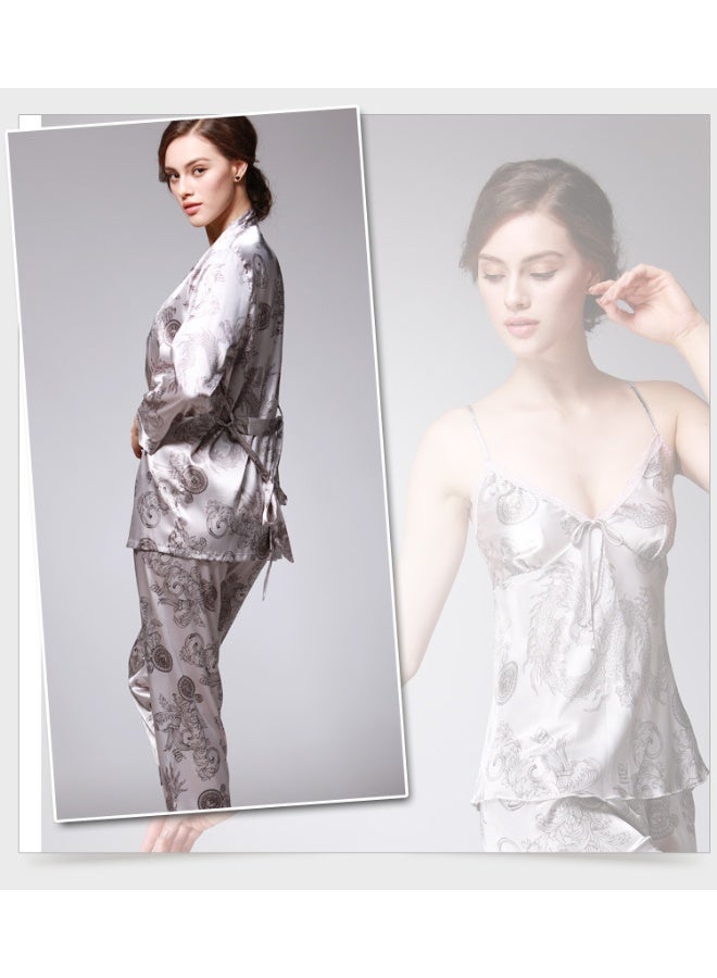 Women's Silk Satin Pajamas Set 3 Pcs Floral Silky Pj Sets Sleepwear Cami Nightwear with Robe and Pant - Image 3