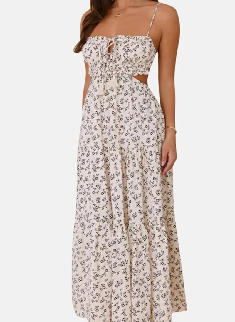 YUNIQEE White Floral Print Chiffon A-Line Maxi Dress