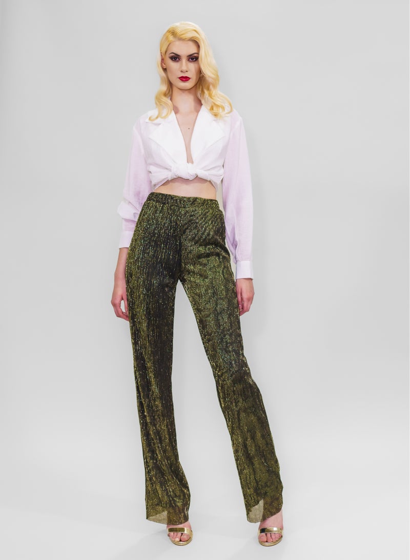 BITOLIA GALLERY Comfortable Long Lurex Shiny Pants Gold Black with Stripes  - Image 1
