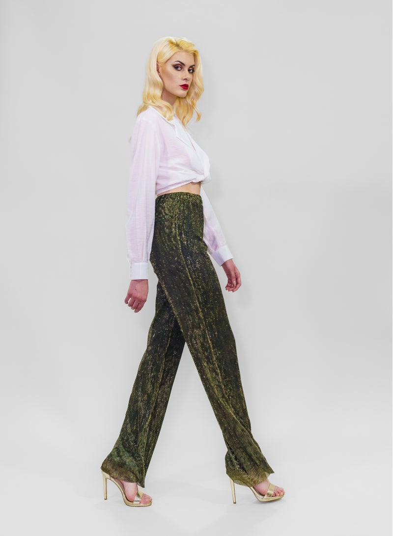 BITOLIA GALLERY Comfortable Long Lurex Shiny Pants Gold Black with Stripes  - Image 4