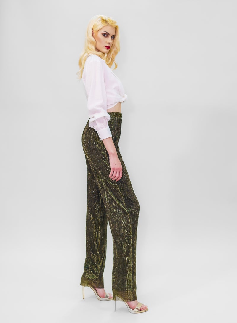 BITOLIA GALLERY Comfortable Long Lurex Shiny Pants Gold Black with Stripes  - Image 3