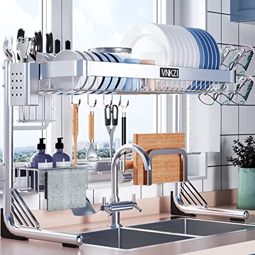 VNKZI Over Sink Dish Drying Rack, 2 Tier Full Stainless Steel Storage Adjustable Length (25.98'' to 36.61'') Kitchen Rack, Multifunctional Expandable Counter Organizer, Space Saver Dish Rack - Image 1