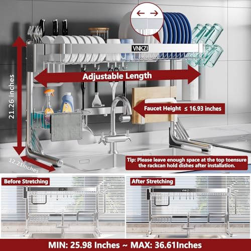 VNKZI Over Sink Dish Drying Rack, 2 Tier Full Stainless Steel Storage Adjustable Length (25.98'' to 36.61'') Kitchen Rack, Multifunctional Expandable Counter Organizer, Space Saver Dish Rack - Image 2