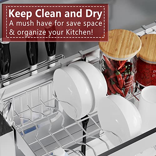 VNKZI Over Sink Dish Drying Rack, 2 Tier Full Stainless Steel Storage Adjustable Length (25.98'' to 36.61'') Kitchen Rack, Multifunctional Expandable Counter Organizer, Space Saver Dish Rack - Image 5