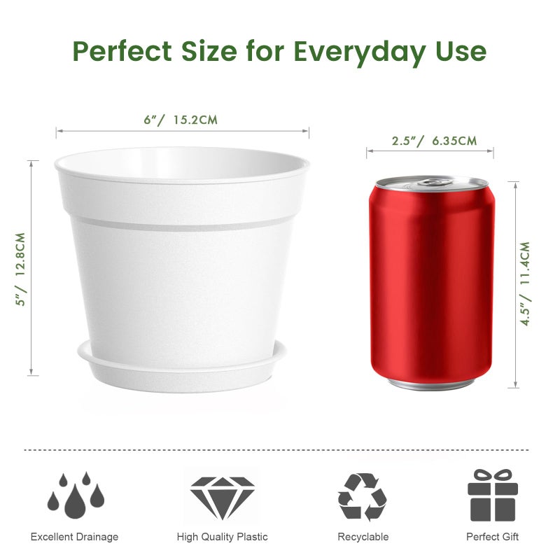 SwinDuck 10 Pack 6 Inch Plant Pots with Drainage and Saucers, White Plastic Flower Pots for Indoor and Outdoor Plants, Stackable Nursery Planters for Houseplants and Herbs, White - Image 5