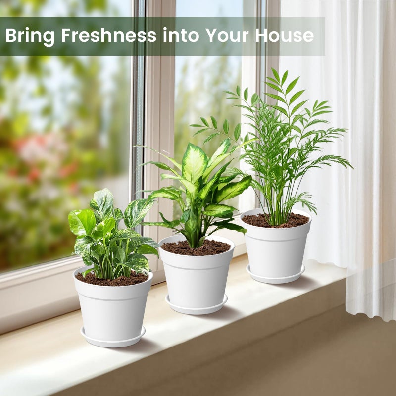 SwinDuck 10 Pack 6 Inch Plant Pots with Drainage and Saucers, White Plastic Flower Pots for Indoor and Outdoor Plants, Stackable Nursery Planters for Houseplants and Herbs, White - Image 2