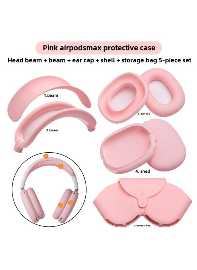 Generic - For Apple Airpods Max Silicone Head Beam Protective Cover Beam Dust-proof Bluetooth Headset Ear Movers-Specifications:Pink Five-piece Set (head Beam Beam Ear Cap Shell Storage Bag) - Image 1