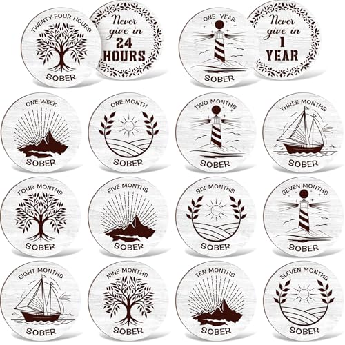 Feifeiya 28 Pcs Aa Sobriety Coins Set Recovery Aa Chips and Medallions Wooden 24hr Newcomer 111 Months Sober Anniversary Tokens Alcoholics Sobriety Gifts for Men and WomenWhite - Image 2