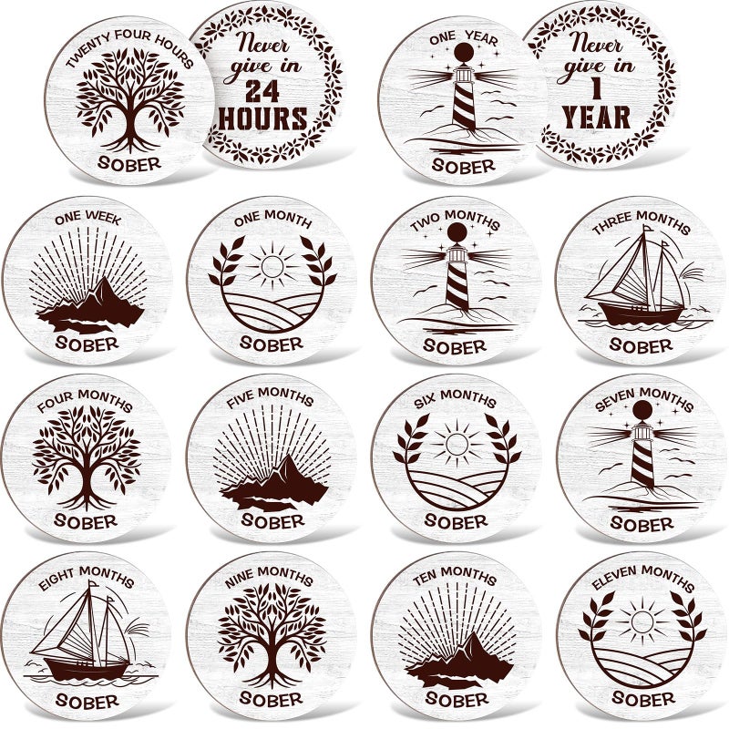 Feifeiya 28 Pcs Aa Sobriety Coins Set Recovery Aa Chips and Medallions Wooden 24hr Newcomer 111 Months Sober Anniversary Tokens Alcoholics Sobriety Gifts for Men and WomenWhite - Image 3