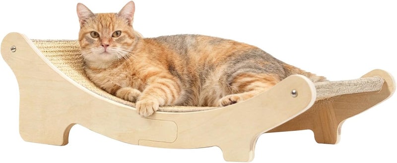 19.7 X 13 X 6.7 in Sisal Cat Scratcher Bed for Playing and Relaxing, Wooden Cat Furniture, E0 Grade Solid Wood Lounge Chair, Beige Color - Image 1