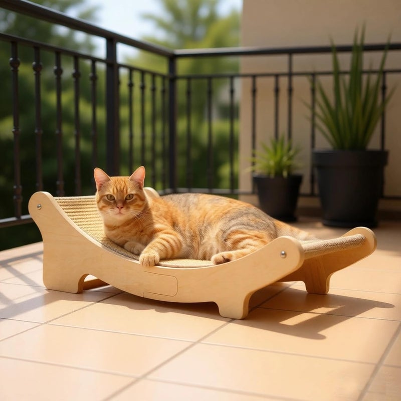 19.7 X 13 X 6.7 in Sisal Cat Scratcher Bed for Playing and Relaxing, Wooden Cat Furniture, E0 Grade Solid Wood Lounge Chair, Beige Color - Image 3