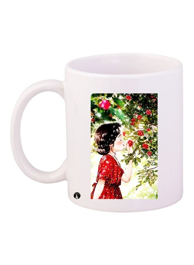 RYN Girl In Garden Printed Coffee Mug White/Red/Green 11ounce