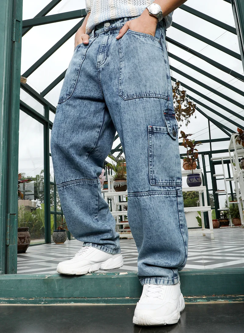Campus Sutra Campus Sutra Men's Navy Blue Utility-Carpenter Denim Jeans | Mid-Rise , Straight Hem , Button Closure , Cargo-Fit | Solid Denim | Cotton Jeans For Casual Wear