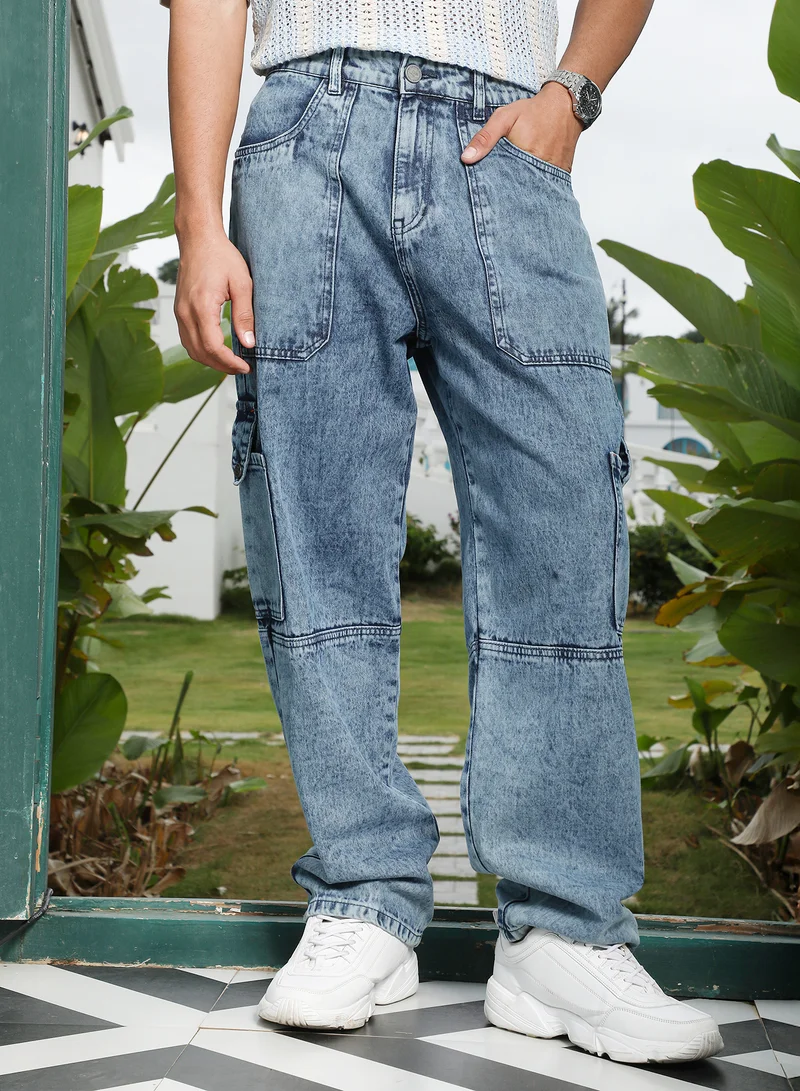 Campus Sutra Campus Sutra Men's Navy Blue Utility-Carpenter Denim Jeans | Mid-Rise , Straight Hem , Button Closure , Cargo-Fit | Solid Denim | Cotton Jeans For Casual Wear