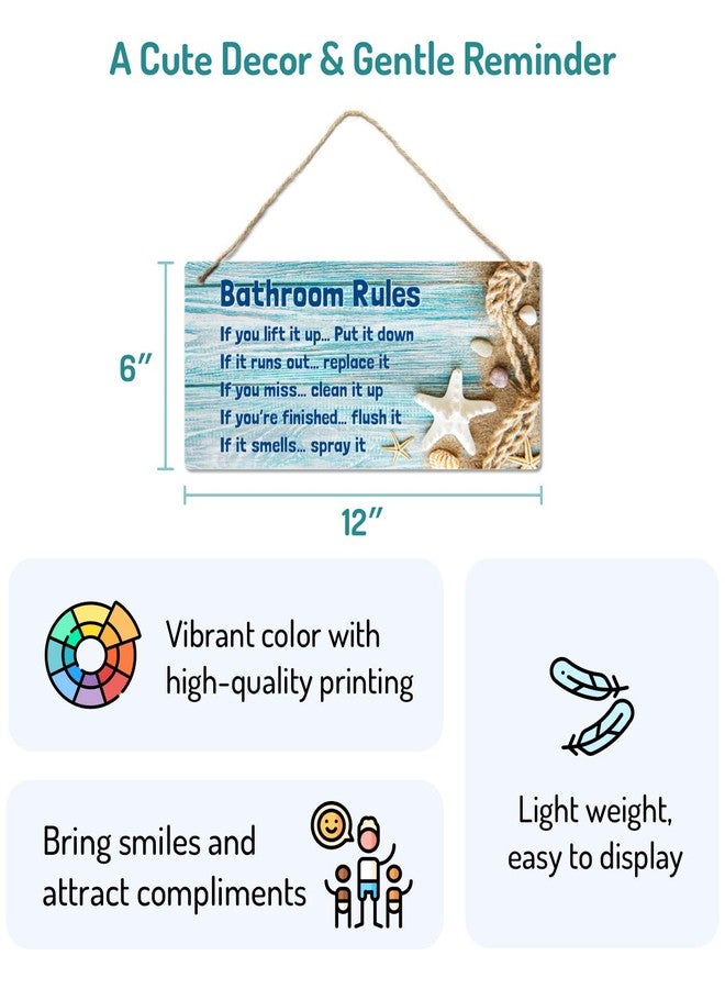 Fun-Plus Bathroom Rule Sign Decor, 12″x6″ PVC Plastic Wall Decoration Hanging Sign, Water and Humidity Proof, Starfish theme Beach Bathroom Reminder Accessories - Image 2