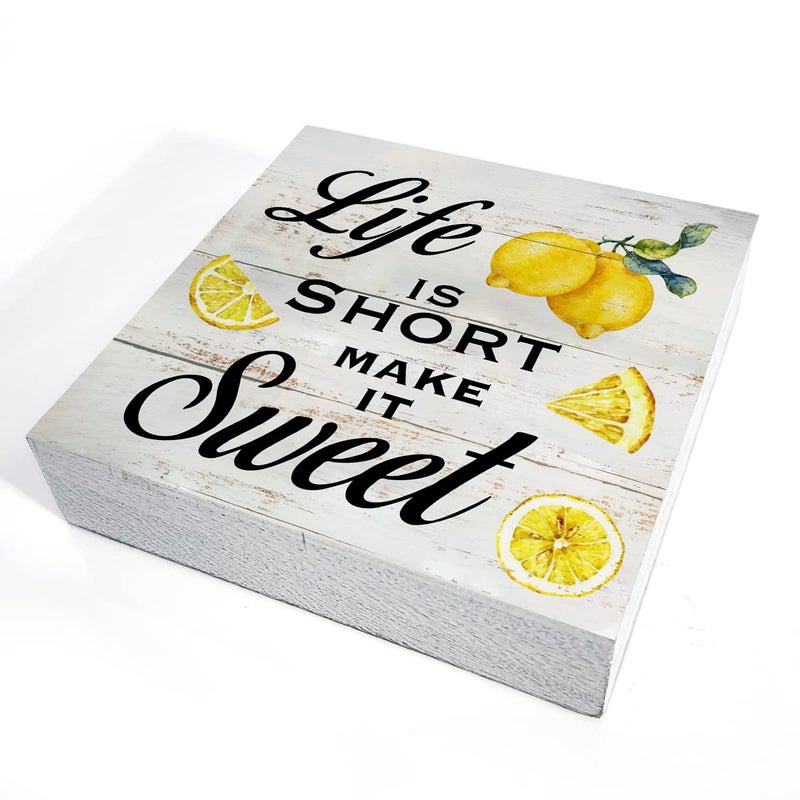 MAVOTEN Inspirational Quote Life Is Short Make It Sweet Wood Box Sign Rustic Lemon Print Wooden Box Sign Farmhouse Home Kitchen Desk Shelf Decor (5 X 5 Inch) - Image 3