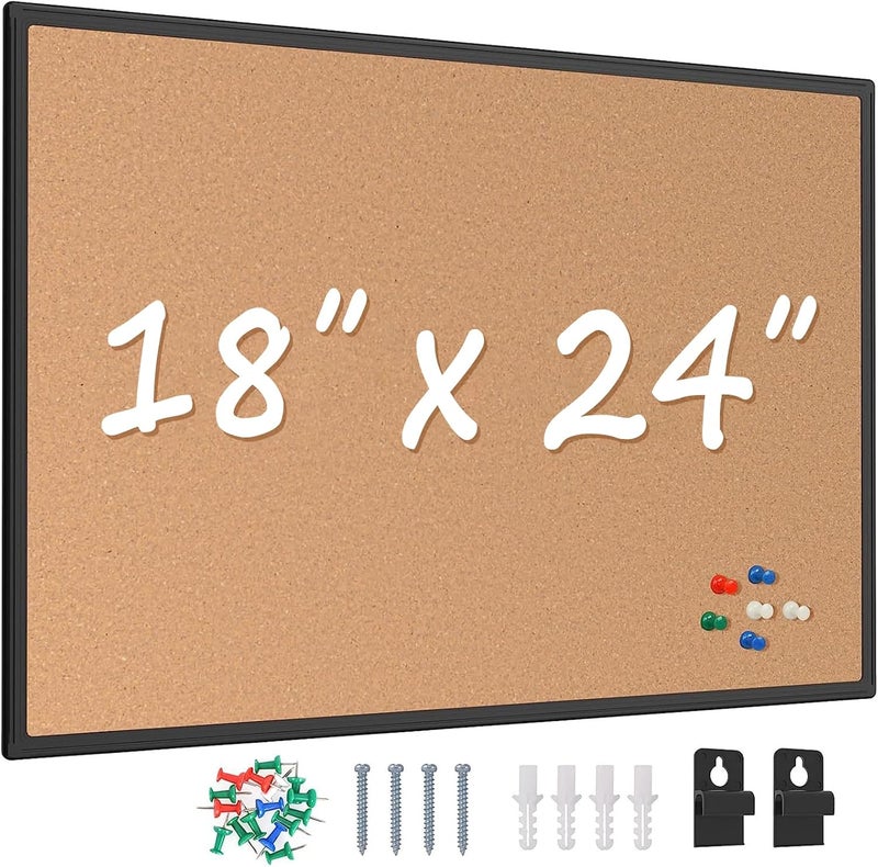 Board2by Cork Board Bulletin Board 24 x 18, Black Aluminium Framed Corkboard, Office Board for Wall Cork, Large Wall Mounted Notice Pin Board with 16 Push Pins for School, Home & Office - Image 1
