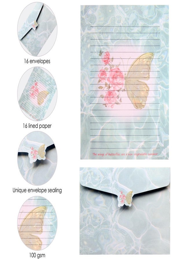 J6&H6 Stationary paper set with a Romantic Butterfly Rose design,5x7 inch envelopes & Premium Paper (16 Lined Sheets + 16 Matching Envelopes) for Love Letters,and Gift Giving (Butterfly Rose) - Image 4