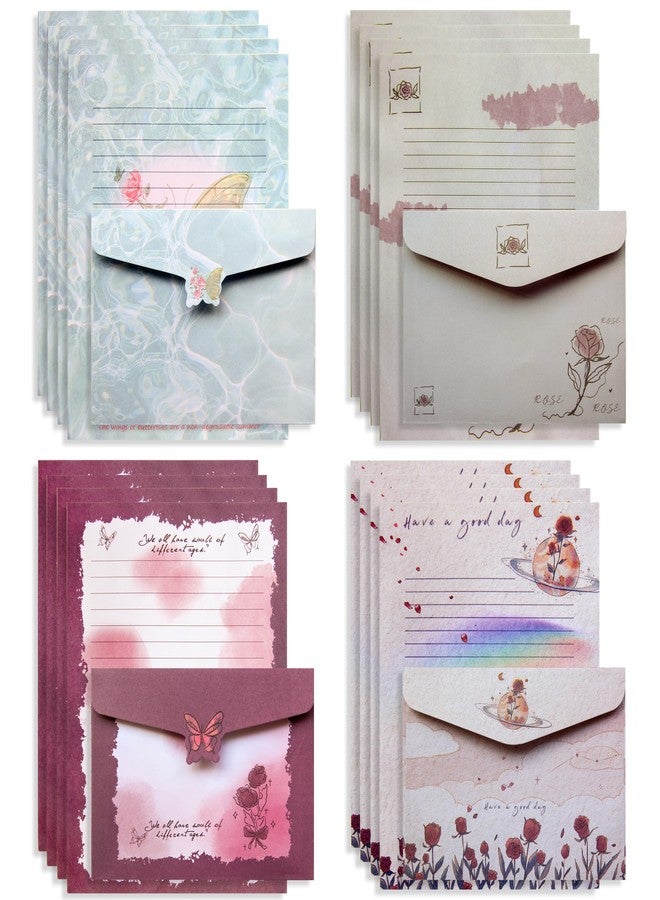 J6&H6 Stationary paper set with a Romantic Butterfly Rose design,5x7 inch envelopes & Premium Paper (16 Lined Sheets + 16 Matching Envelopes) for Love Letters,and Gift Giving (Butterfly Rose) - Image 1