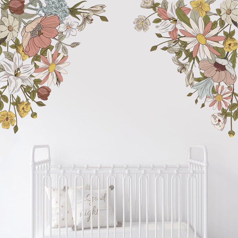 Kasubeso Large Pink Flowers Wall Decals, Colorful Floral Botanic Wall Stickers, Spring Peel and Stick Wallpaper for Girls Bedroom Nursery Classroom Living Room Wall Decor - Image 1
