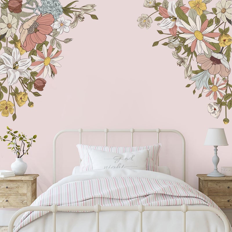 Kasubeso Large Pink Flowers Wall Decals, Colorful Floral Botanic Wall Stickers, Spring Peel and Stick Wallpaper for Girls Bedroom Nursery Classroom Living Room Wall Decor - Image 5