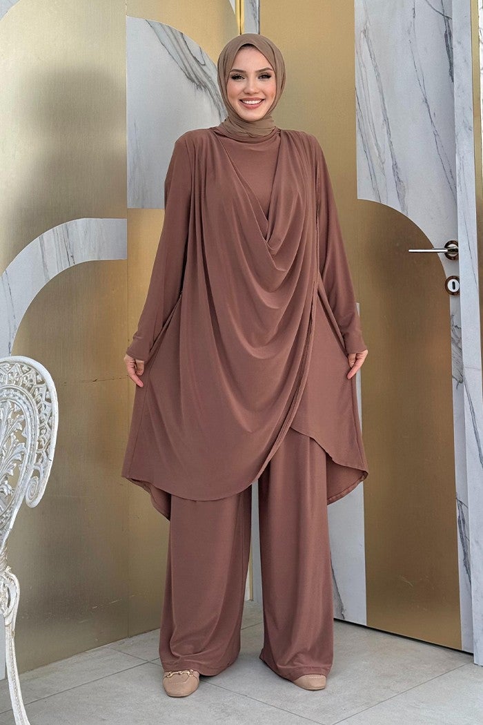 Bym Fashion Shawl Collar Biased Asymmetric Cut Trouser Tunic Set 8552 Brown  - Image 1
