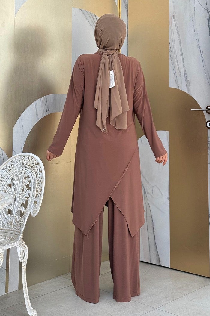 Bym Fashion Shawl Collar Biased Asymmetric Cut Trouser Tunic Set 8552 Brown  - Image 2