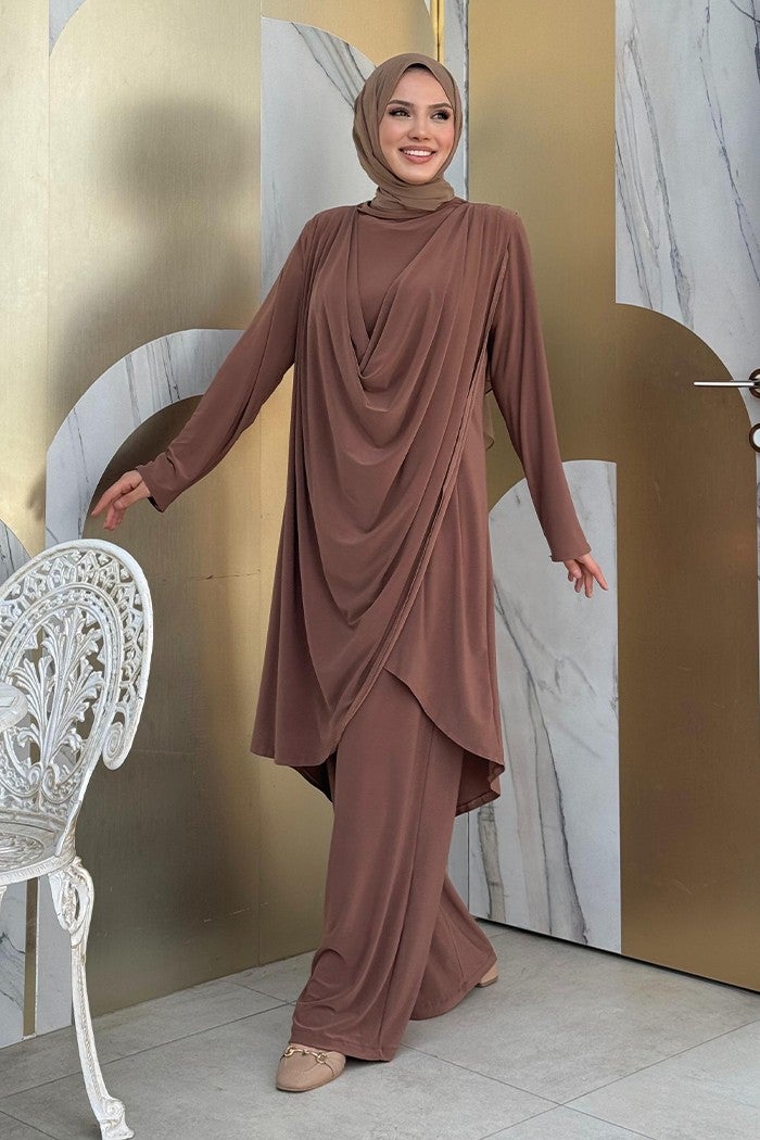 Bym Fashion Shawl Collar Biased Asymmetric Cut Trouser Tunic Set 8552 Brown  - Image 3