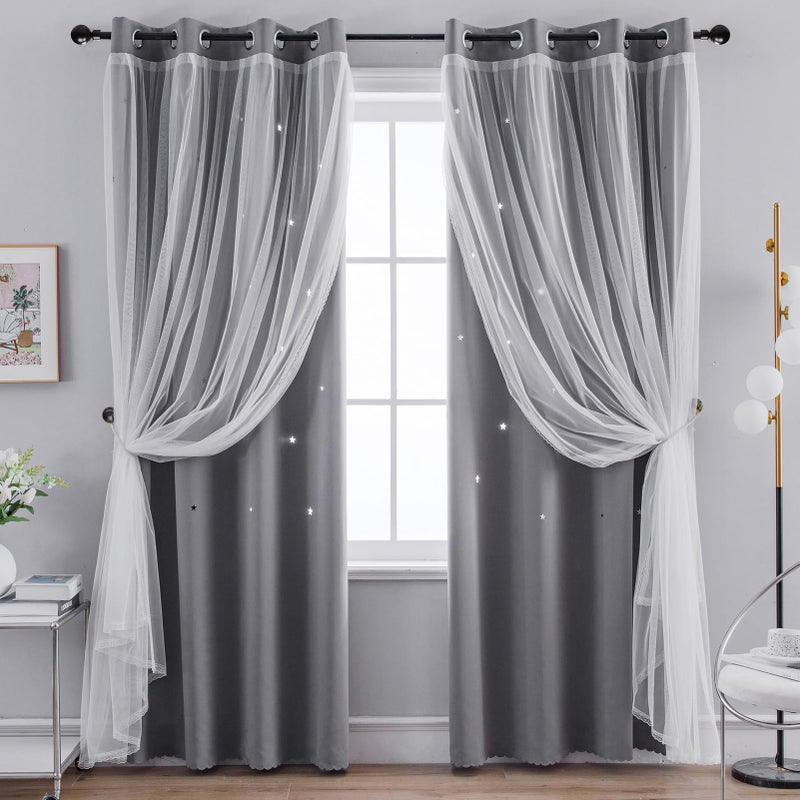 Anytime 2 Panels Star Blackout Curtains for Girls Kids Baby Bedroom Window Curtain Double Layer Star Cut Out Living Room Decor Wall Home Decorations CurtainW52 x L84Grey