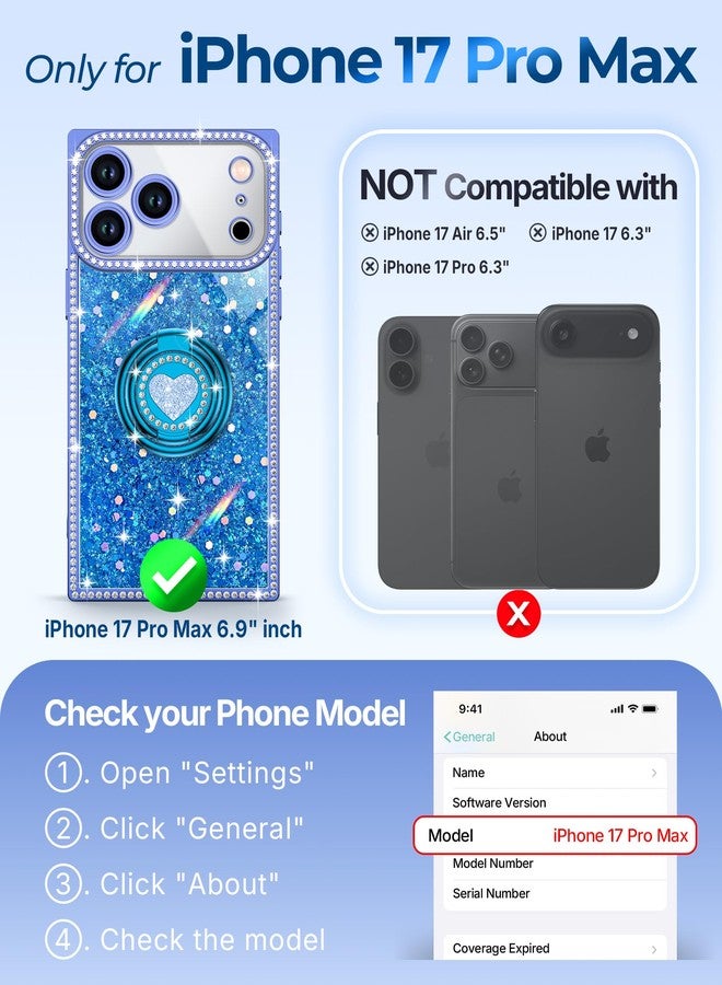 XYZ جراب XYZ لهاتف iPhone 17 Pro Max، غطاء هاتف لامع براق مع حامل على شكل قلب بحلقتين وحبل، جراب فاخر مرصع بأحجار الراين مقاوم للصدمات ومناسب للنساء والفتيات، لون أزرق - Image 2