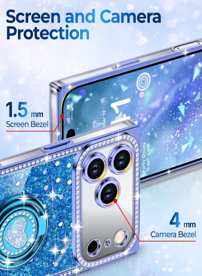 XYZ جراب XYZ لهاتف iPhone 17 Pro Max، غطاء هاتف لامع براق مع حامل على شكل قلب بحلقتين وحبل، جراب فاخر مرصع بأحجار الراين مقاوم للصدمات ومناسب للنساء والفتيات، لون أزرق - Image 4