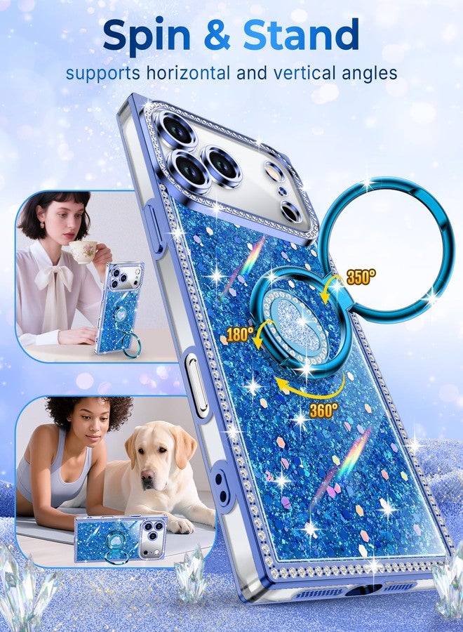 XYZ جراب XYZ لهاتف iPhone 17 Pro Max، غطاء هاتف لامع براق مع حامل على شكل قلب بحلقتين وحبل، جراب فاخر مرصع بأحجار الراين مقاوم للصدمات ومناسب للنساء والفتيات، لون أزرق - Image 3