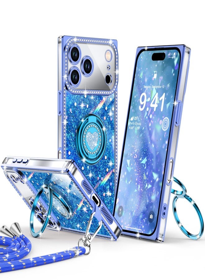 XYZ جراب XYZ لهاتف iPhone 17 Pro Max، غطاء هاتف لامع براق مع حامل على شكل قلب بحلقتين وحبل، جراب فاخر مرصع بأحجار الراين مقاوم للصدمات ومناسب للنساء والفتيات، لون أزرق - Image 1