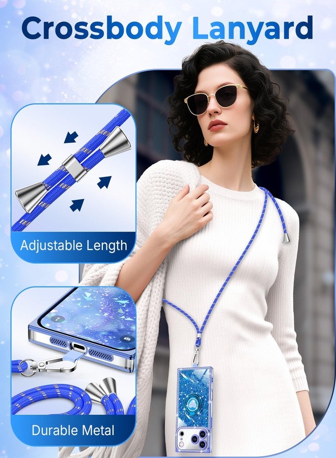 XYZ جراب XYZ لهاتف iPhone 17 Pro Max، غطاء هاتف لامع براق مع حامل على شكل قلب بحلقتين وحبل، جراب فاخر مرصع بأحجار الراين مقاوم للصدمات ومناسب للنساء والفتيات، لون أزرق - Image 5