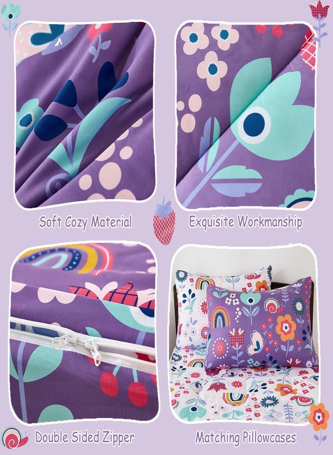 DJY Zipper Bedding Set Twin, Purple Floral Bedding Sets for Girls, Kids Comforter Set with Fitted Sheet Pillowcases, All in One Zipper Bed Set for All Seasons - Image 4