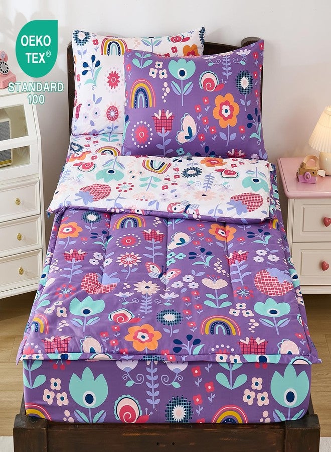 DJY Zipper Bedding Set Twin, Purple Floral Bedding Sets for Girls, Kids Comforter Set with Fitted Sheet Pillowcases, All in One Zipper Bed Set for All Seasons - Image 2