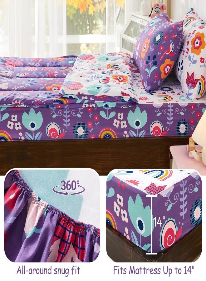 DJY Zipper Bedding Set Twin, Purple Floral Bedding Sets for Girls, Kids Comforter Set with Fitted Sheet Pillowcases, All in One Zipper Bed Set for All Seasons - Image 5