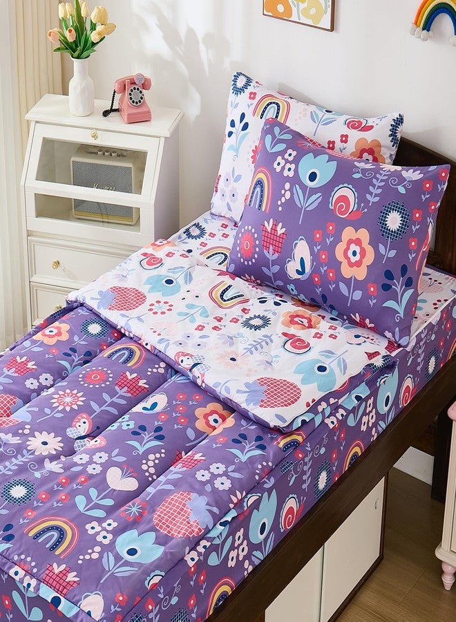 DJY Zipper Bedding Set Twin, Purple Floral Bedding Sets for Girls, Kids Comforter Set with Fitted Sheet Pillowcases, All in One Zipper Bed Set for All Seasons - Image 1