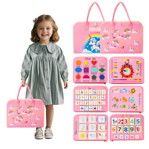 AIXMEET Toddler Busy Board Montessori Toys Sensory Board Busy Book Toys for Toddlers 3456 Year Old Preschool Learning Activities with Life ShapeColorAnimalWeather8 Pages Pink - Image 5