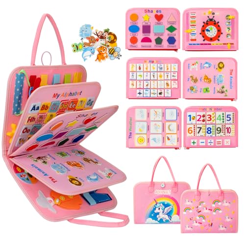 AIXMEET Toddler Busy Board Montessori Toys Sensory Board Busy Book Toys for Toddlers 3456 Year Old Preschool Learning Activities with Life ShapeColorAnimalWeather8 Pages Pink - Image 1