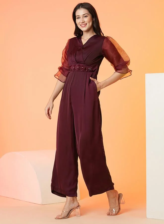 globus Floral Applique Waist Wrap Neck Jumpsuit