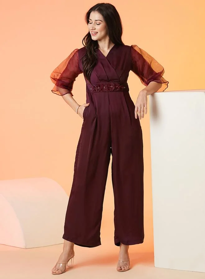globus Floral Applique Waist Wrap Neck Jumpsuit