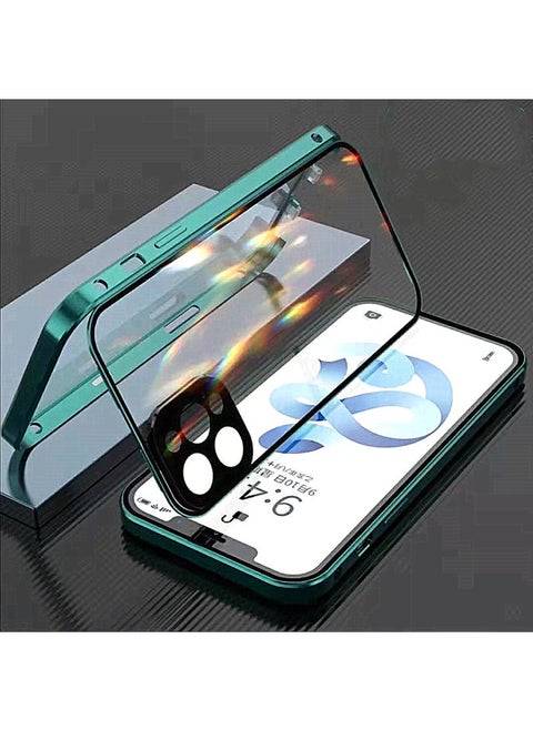 Suitable For Iphone14 Double-sided Buckle Magnetic King Mobile Phone Case For Iphone 13Promax Ultra-thin Glass Protective Case 12-Color:Green-Applicable Model:For Iphone 14 Pro [double-sided Buckle + Lens Full Package]]