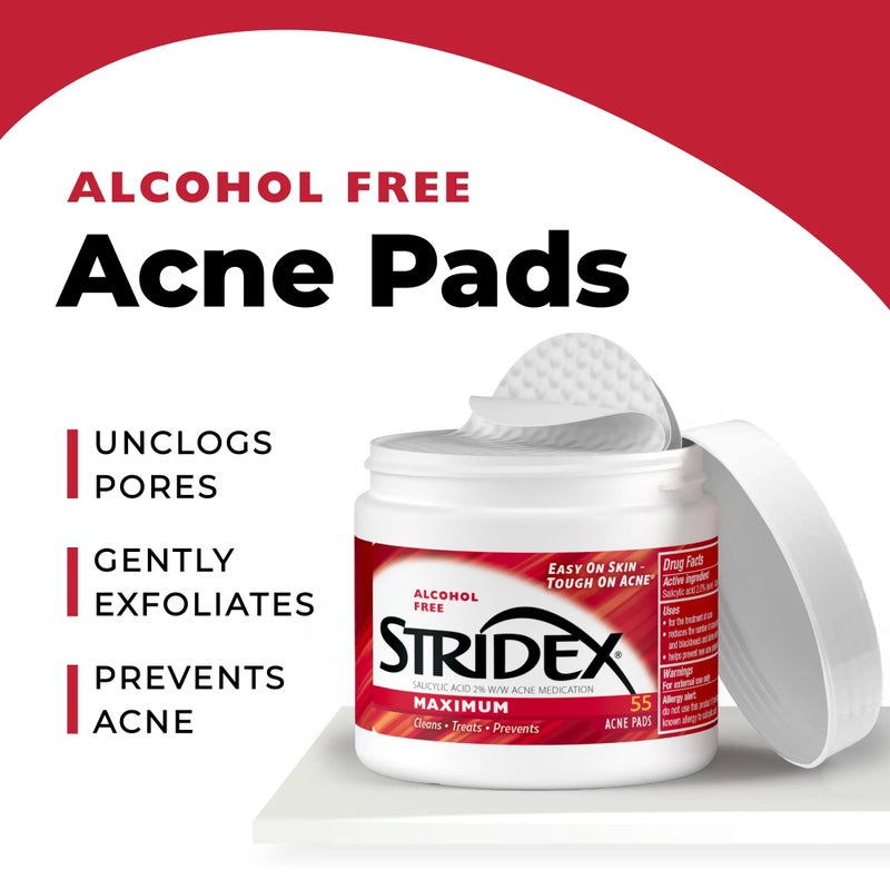 Stridex Medicated Acne Pads, Maximum, 55 Count â€“ Facial Cleansing Wipes, Alcohol Free, Acne Treatment for Face, For Moderate Acne, Smooth Application - Image 4