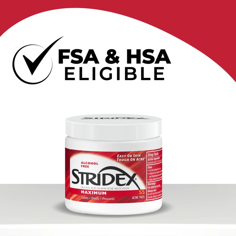 Stridex Medicated Acne Pads, Maximum, 55 Count â€“ Facial Cleansing Wipes, Alcohol Free, Acne Treatment for Face, For Moderate Acne, Smooth Application - Image 2